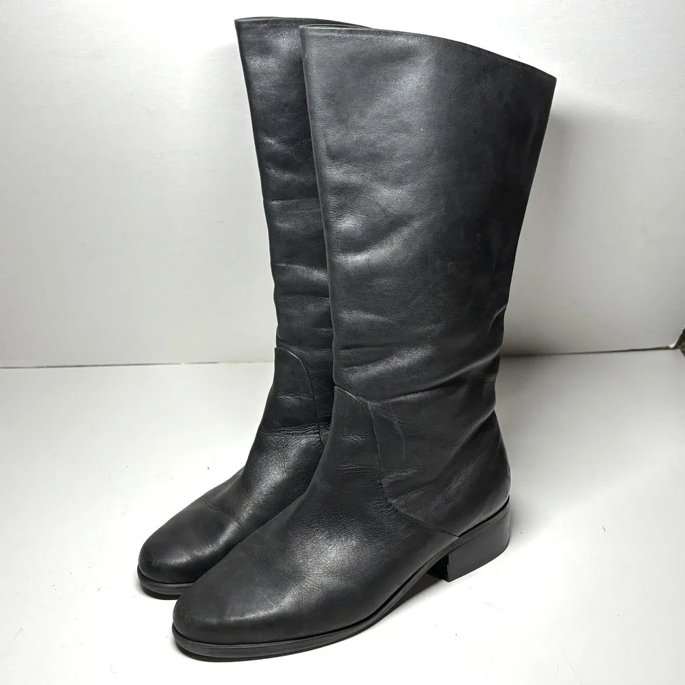 Leather Tall Boots Women 7 Black Low Block Heel Made in Brazil Equestrian Luxury
